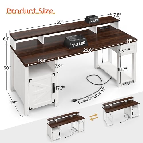 55" Farmhouse Writing Desk with Long Monitor Stand,Cabinet,Drawer, view 3