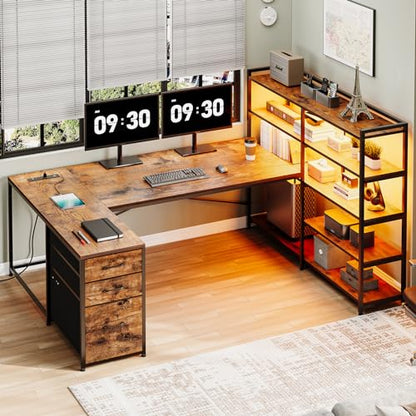 L Shaped Desk with Storage Shelves, 64.5" Reversible U Shaped Office Desk with 3 Fabric Drawers, Gaming Desk with Power Outlet & LED Strip for Home Office, Rustic Brown