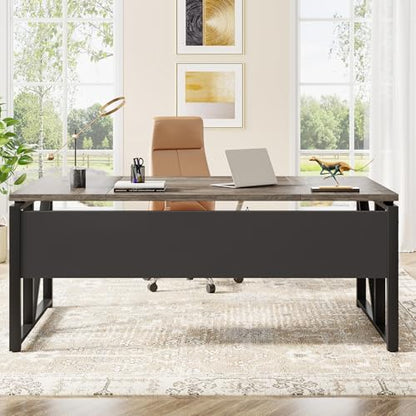Tribesigns 63 inches Computer Desk with Bottom Storage Shelf Home Office Desk Writing Table for Workstation,Dark Walnut + Steel Leg， Cabinet not Included (Grey, 63-inch-with Shelf)