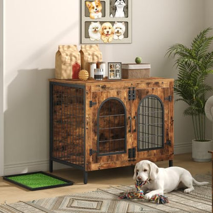 Dog Crate Furniture, 31.5" Dog Kennel with Dog Grass Pad and Tray, view 5