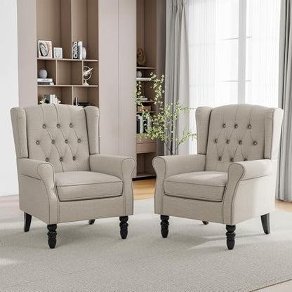 Mid-Century Modern Wingback Accent Chair – Ergonomic High Back Lounge Chair with Plush Fabric, Solid Oak Legs, Retro Reading Armchair for Living Room, Bedroom, Home Office, Grayish Beige