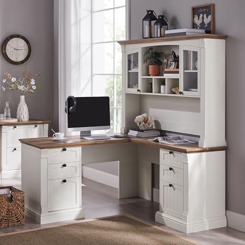 60" L Shaped Farmhouse Executive Desk with Hutch, Antique White, view 2