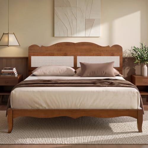 Solid Wood Bed Frame King Size with Adjustable Headboard,Brown, view 2