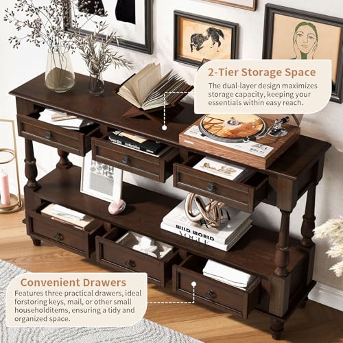 54'' Solid Wood Console Table, Farmhouse Entryway Table with 6 Drawers and Shelf, Narrow Long Sofa Table with Storage for Living Room Hallway, Couch, Foyer (Espresso)