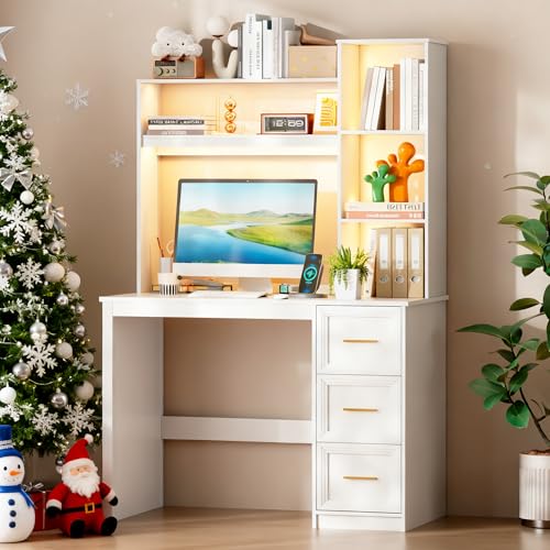 40” Home Office Desk with Hutch and Drawers, White, view 4