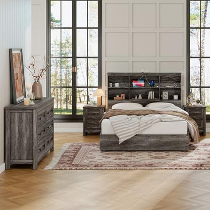 Bedroom Dresser and Nightstand 3 Piece Set, 1 X Wood Rustic 6 Drawer Storage Dresser, Nightstand Set of 2 with Charging Station, Farmhouse Bedroom Furniture Set, Rustic Grey