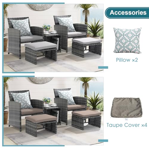 5 Piece Patio Furniture Set, Wicker Outdoor Conversation Chair and Ottoman Set with Coffee Table, Pillows Included, for Balcony, Porch, Deck, Light Grey