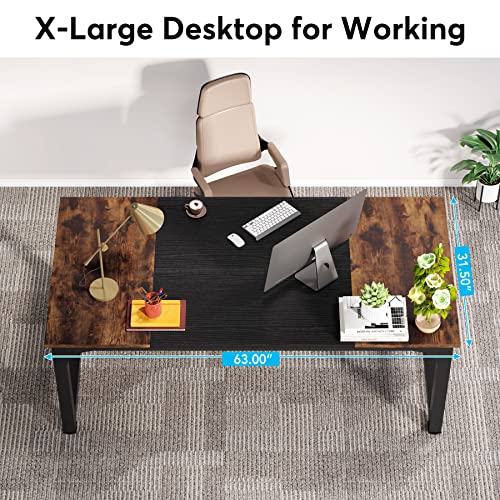 63 Inch Large Executive Computer Office Desk, Brown+Black