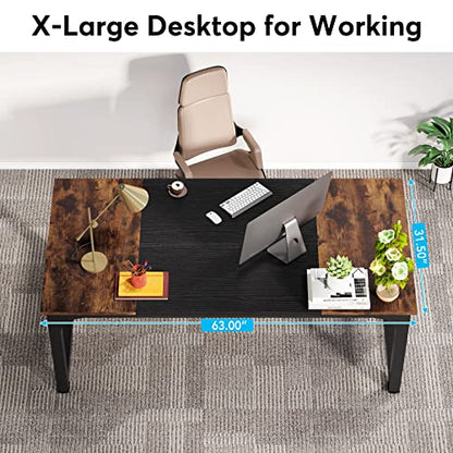 63 Inch Large Executive Computer Office Desk, Brown+Black