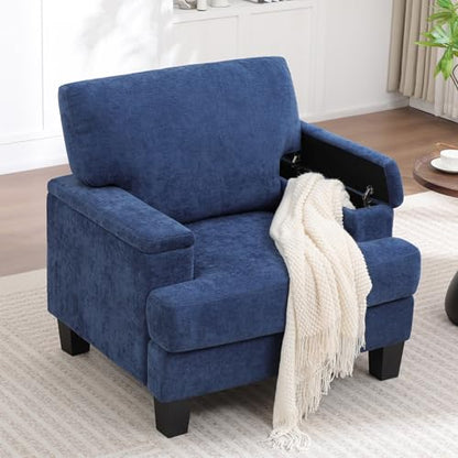 Accent Chair with Storage Armrest, Modern Upholstered Reading Living Room Chairs, Comfy Large Armchair, Fabric Single Sofa Chair for Bedroom (Blue)