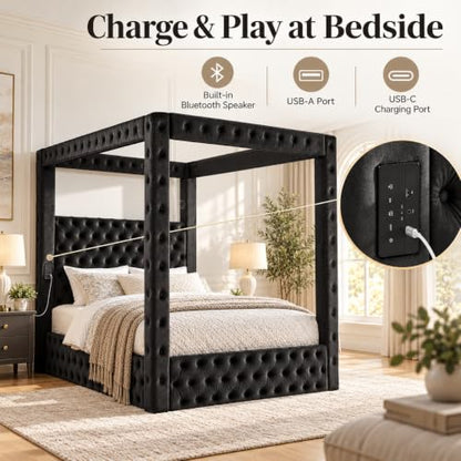 Black Queen Size Canopy Bed Frame with Velvet Upholstered Headboard, view 5