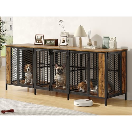 87" Brown Dog Crate Furniture TV Stand with 3-Room Kennel, view 2