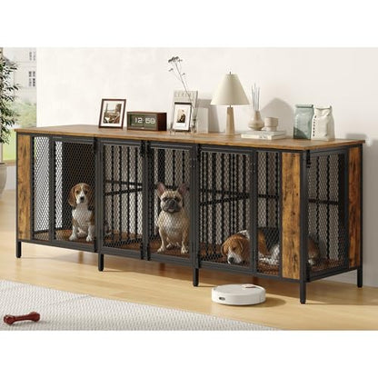 87" Brown Dog Crate Furniture TV Stand with 3-Room Kennel, view 2