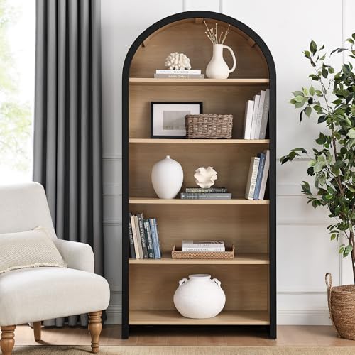 Evie Modern Arched Wide Bookcase in Black, 76 Inch Open Shelf Display Cabinet, view 3