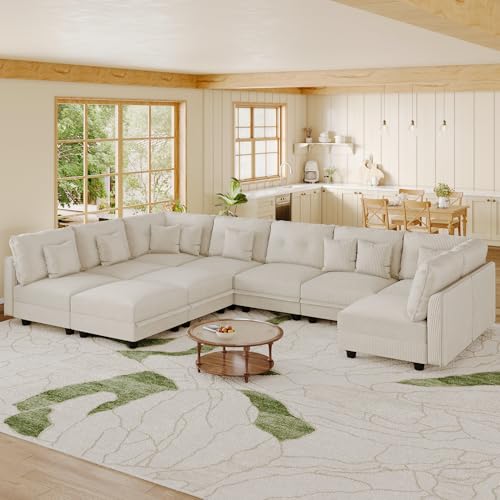 163" Modular Sectional Sofa with Storage, U Shaped 10-Seat Pet-Friendly Corduroy Couch with 10 Throw Pillows, Oversized Convertible Sofa Set for Living Room & Large Space, Beige