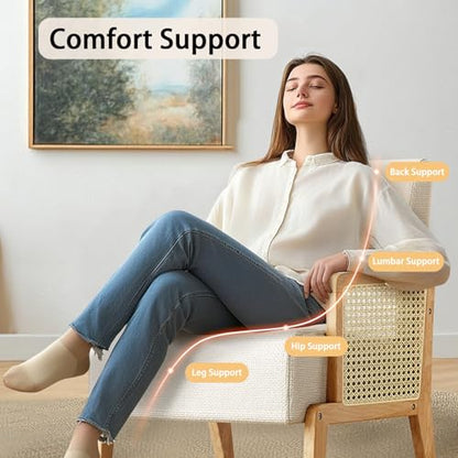 Modern Accent Chair with Rattan Armrest, Linen Fabric Arm Chair with Ash Wood Legs, White Accent Chair for Living Room, Bedroom, Balcony