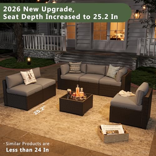 7 Piece Patio Furniture Set Wicker Rattan Patio Sectional Sofa Set Outdoor Seating Furniture with Thickened Cushion, Grey