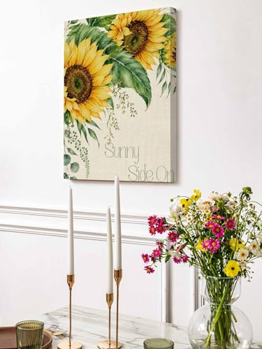 NuYeBiofx Watercolor Sunflower on Linen Canvas Wall Art Prints,48"x32" Framed Picture Artwork Rustic Floral Eucalyptus Leaves Printed Canvas Oil Painting for Living Room Bedroom Office,Ready to Hang