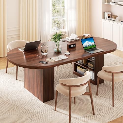78.7" Dining Table for 6-10 People, Oval Dining Room Table with 3-Tier Storage Shelf, Modern Wood Kitchen Tables with Heavy Duty Pedestal Base for Home, Dining Room, Walnut