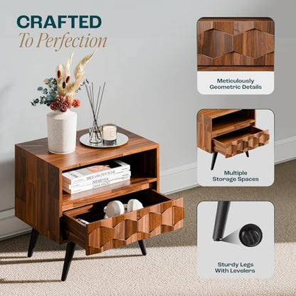 Georgina Solid Wood Nightstand with 1 Drawer & Open Shelf- Fully Assembled Mid Century Modern Side Table - Geometric Pattern Bedside Dresser for Bedroom and Living Room, Dark Chocolate