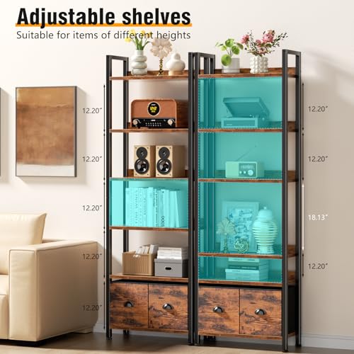 6-Tier Bookshelf, Tall 71" Rustic Bookcase with 2 Drawers Storage Organizer, Industrial Display Free Standing Shelf Units, Wood and Metal Storage Rack for Home Office, Bedroom, Rustic Brown | Bookcase