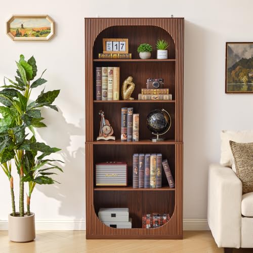 71" Tall Arched Bookcase, 5 Tier Fluted Wood Arched Bookshelf, view 2