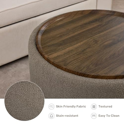 Brown Teddy Round Storage Ottoman Coffee Table with Solid Wood Legs, view 5