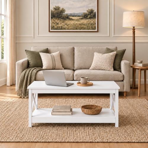 White Coffee Table for Living Room, X-Design Storage Shelf, 39.5", view 4