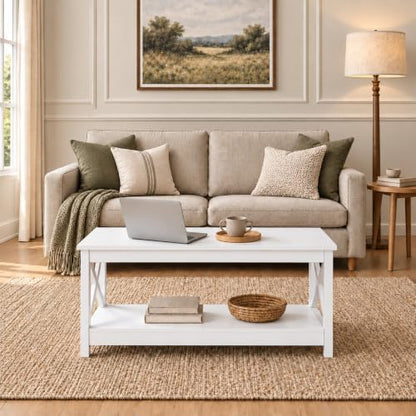 White Coffee Table for Living Room, X-Design Storage Shelf, 39.5", view 4