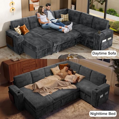 111" Modular Sectional Sleeper Sofa with Pull Out Bed, 7 Seat Plush Corduroy L Shaped Couch with Storage Chaise|USB Ports|Cup Holders|Side Table|Storage Armrests, Tool Free Assembly, Grey