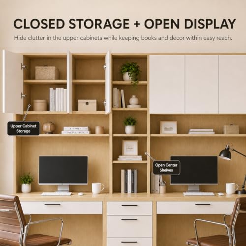 Large Two Person Desk with Bookshelf, Double Desk, Hutch and 5 Drawers, view 7