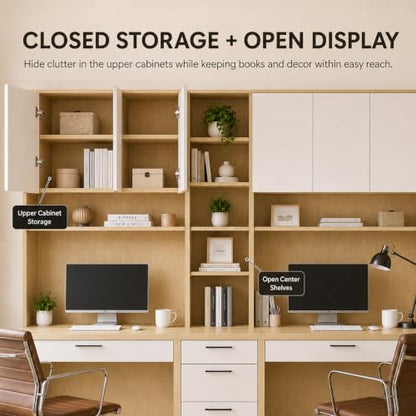 Large Two Person Desk with Bookshelf, Double Desk, Hutch and 5 Drawers, view 7