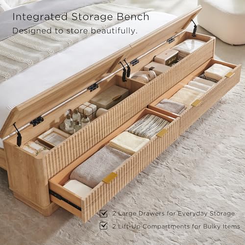 Fluted King Size Bed Frame with Wingback Headboard, Footboard Storage Bench with Built-in Drawers & Lift-Up Compartments, Wood & Steel Platform Bed, No Box Spring Needed, Natural Oak