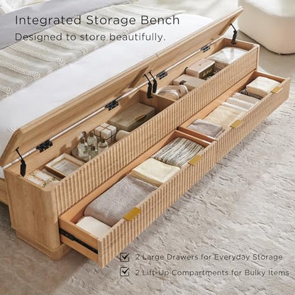 Fluted King Size Bed Frame with Wingback Headboard, Footboard Storage Bench with Built-in Drawers & Lift-Up Compartments, Wood & Steel Platform Bed, No Box Spring Needed, Natural Oak