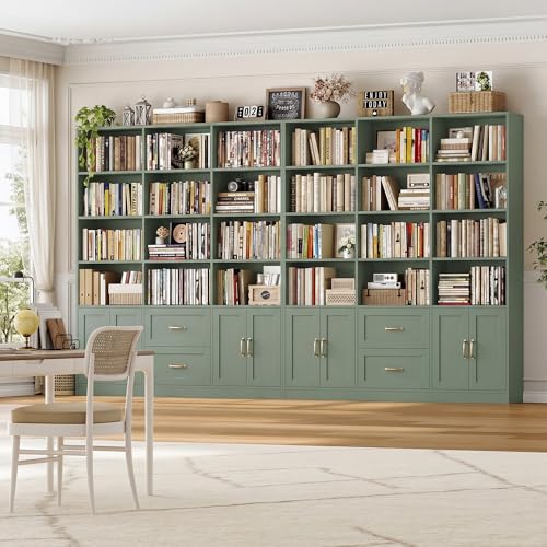 71" Tall Triple Wide Bookshelf with Storage Drawers & Doors, Green, view 3
