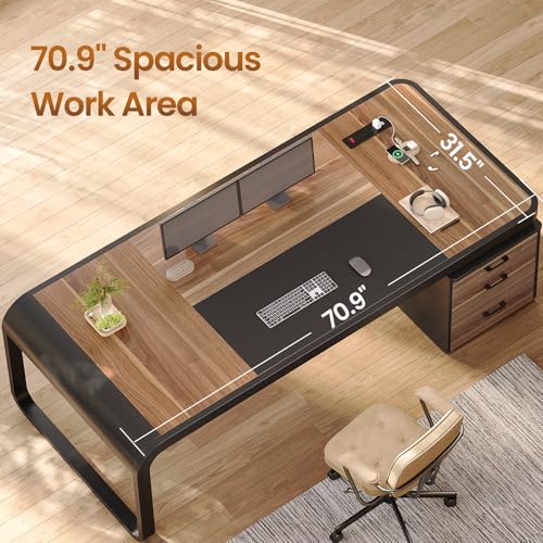70.9" Executive Desk, Large Computer Desk with Drawers and Lateral File Cabinet, Office Desk with Removable Shelves, Business Furniture Desk Workstation for Home Office, Walnut