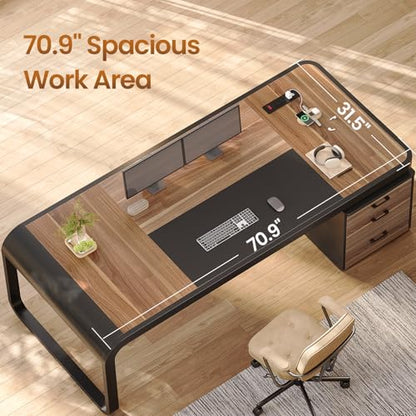 70.9" Executive Desk, Large Computer Desk with Drawers and Lateral File Cabinet, Office Desk with Removable Shelves, Business Furniture Desk Workstation for Home Office, Walnut