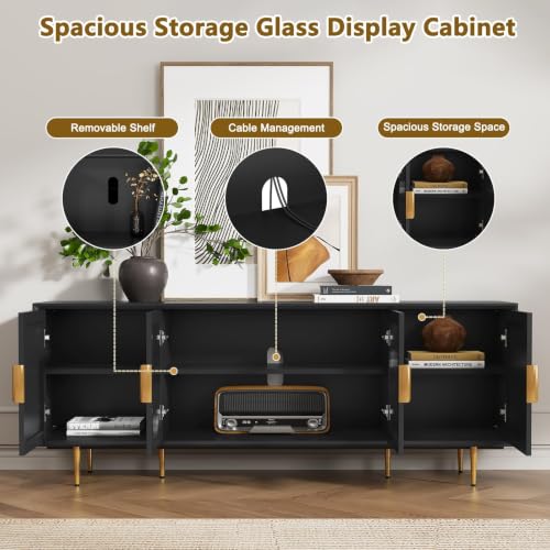 66" TV Stand with Storage Glass Door, Entertainment Center, Black, view 4