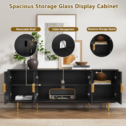 66" TV Stand with Storage Glass Door, Entertainment Center, Black, view 4