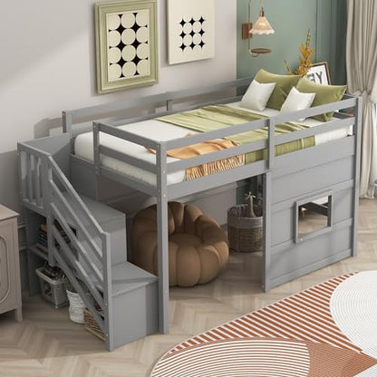 LUMISOL Twin Loft Bed, Solid Wood Low Loft Bed Frame with Staircase, Plyhouse, Window and Safety Guardrails, No Box Spring Needed, Grey
