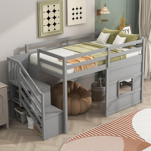 Twin Size Loft Bed with Storage Staircase and Window,Wood loft Bed Frame w/Length Guardrail & Slat Support,No Box Spring Needed,for Kids Teens Boys Girls,Gray