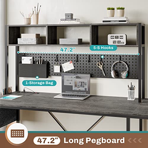 L Shaped Desk, 94.5 Inch Home Office Desk with Power Outlet & Pegboard, L Shaped Gaming Desk with LED Light, Keyboard Tray, Storage Shelves and Headphone Hook for Home Office, Grey