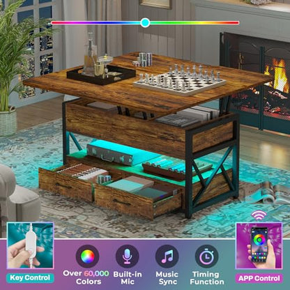 40" Lift Top Coffee Table, 4 in 1 Coffee Tables with Storage for Living Room, Small Farmhouse Coffee Table with 2 Drawers & LED Light for Dining Reception Room, Rustic Brown