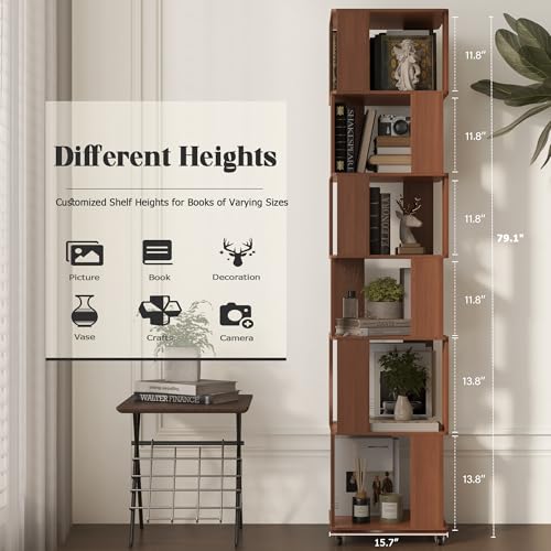 79.2-Inch 6 Tier Solid Wood Rotating Bookshelf Tower on Wheels, view 3