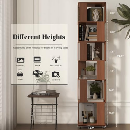 79.2-Inch 6 Tier Solid Wood Rotating Bookshelf Tower on Wheels, view 3
