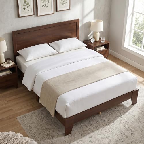Queen Size Bed Frame, Mid-Century Modern Platform Bed with Headboard, view 2