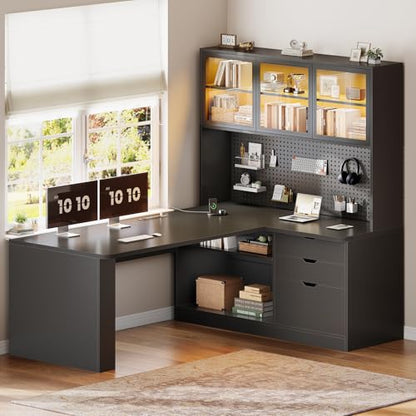 L Shaped Computer Desk, L Shaped Corner Gaming Desk with 3 Wood Drawer and Large Bookshelf, Home Office Desk with LED Light, Display Cabinet and Pegboard, 27.5" W Large Desktop Table, Black