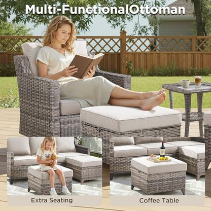 Outdoor Patio Furniture Set-5 Pieces All-Weather Wicker Outdoor Furniture with Swivel Patio Chairs Outdoor Patio Conversation Set for Garden Porch Deck Grey/Beige