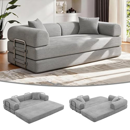 78 inch Sofa Bed 4-in-1 Boneless Convertible Corduroy Sleeper Folding Couch with Fixed-Shape Frame and 2 Futons No Assemble Required 3 Seater Upholstered for Living Room (Light Grey, 78 inch)