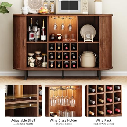 55" Wine Bar Cabinet with LED Light, Modern Fluted Liquor Whiskey Home Bar with Wine Rack and Glass Holder, Farmhouse Buffet Sideboard with Storage for Living Room, Kitchen, Entryway (Walnut)